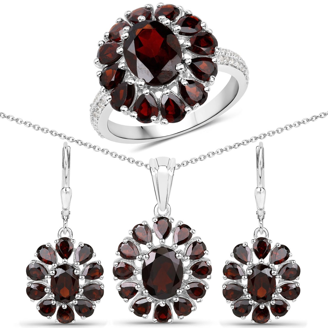 13.82 CTW Oval Garnet Modern Sterling Silver Jewelry Set - Certified (1 of 4)