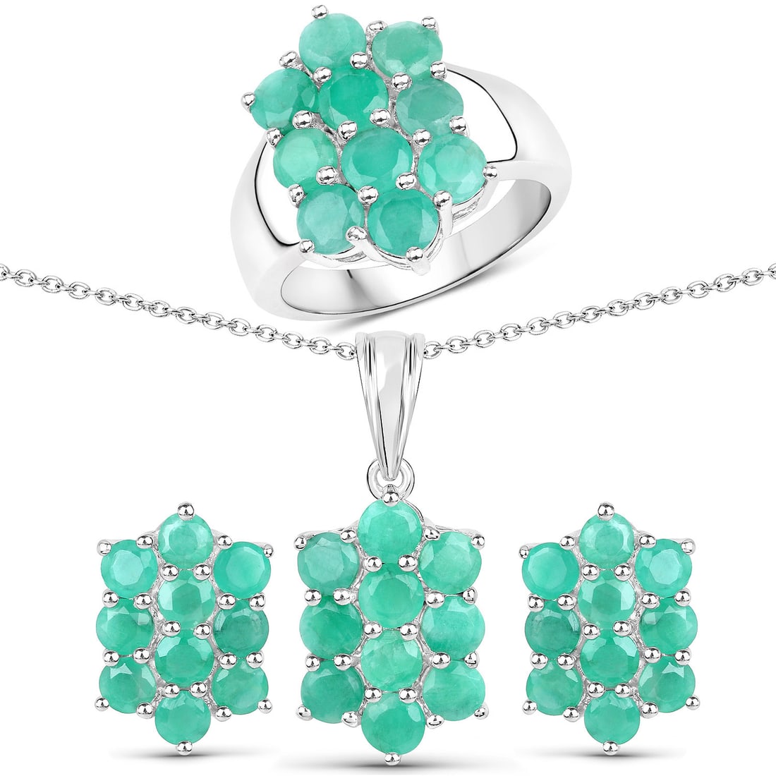 6.6 CTW Round Emerald Modern .925 Sterling Silver Jewelry Set - Certified: Timeless and sophisticated, this design radiates enduring beauty. Crafted with precision, the Cluster setting is seamlessly integrated into 11.93 grams of .925 Sterling Silver. Main Stone: 4.60 CTW R