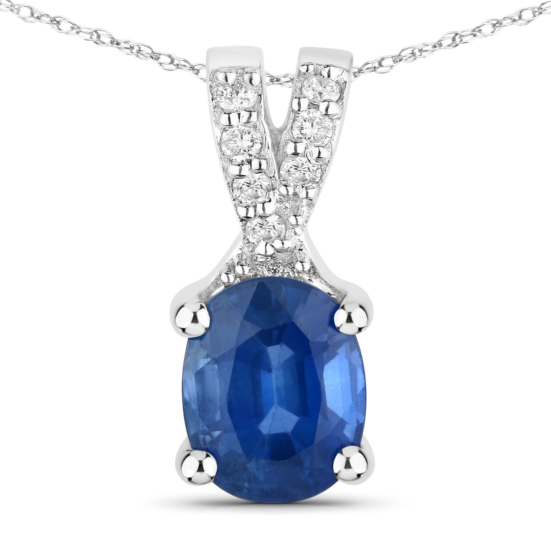 0.71 CTW Oval Sapphire Modern 14K White Gold Pendant - Certified: Epitomizing grandeur, this selection stands as a beacon of refined taste. The gemstones are nestled within a Prong framework, supported by a substantial 1.5 grams of 14K White Gold body. Main Stone: