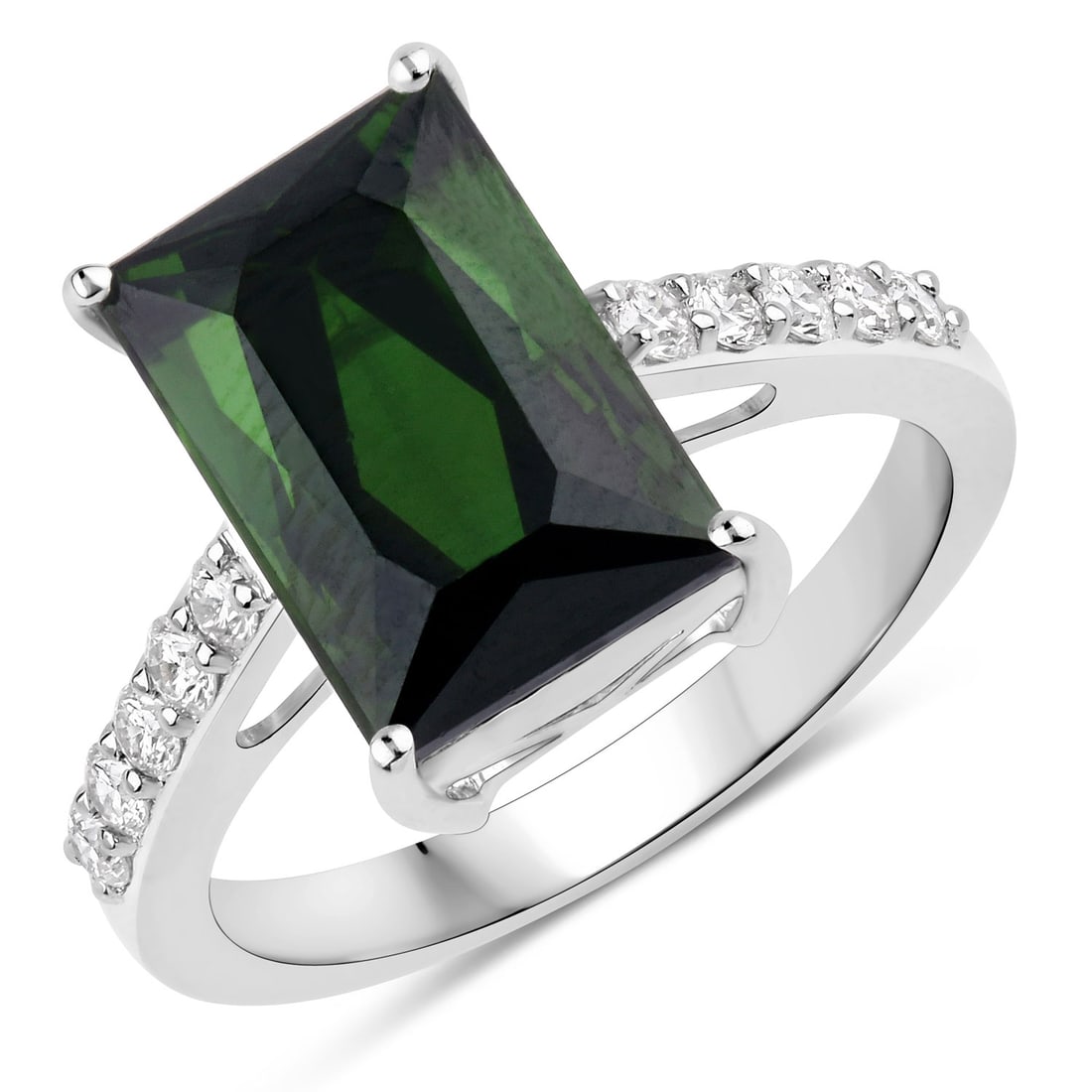 6.16 CTW Baguette Tourmaline Green Modern 14K White Gold Ring - Certified: Timeless and sophisticated, this design radiates enduring beauty. Expertly mounted in a prong setting, the piece is crafted in 2.67 grams of solid 14K White Gold. Main Stone: 5.86 CTW Baguette Tourma