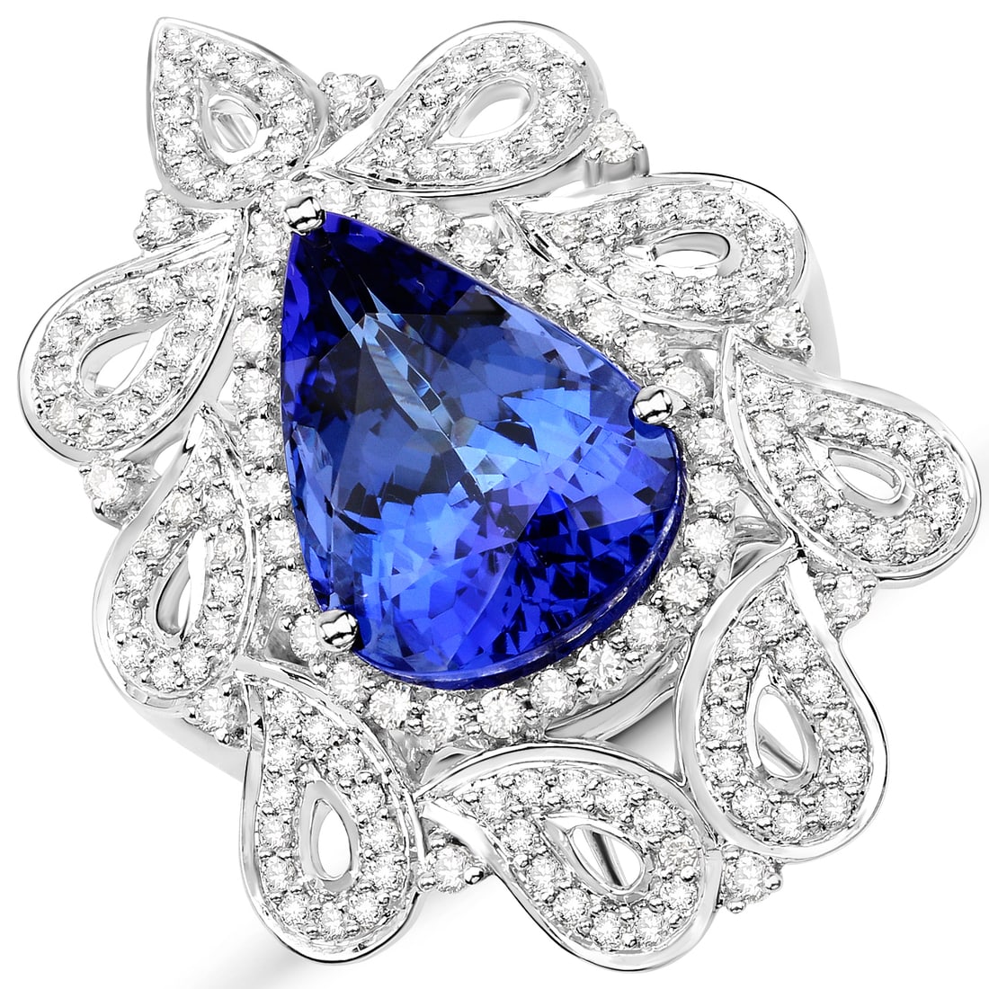 11.69 CTW Pear Tanzanite Modern 18K White Gold Ring - Certified: Epitomizing grandeur, this selection stands as a beacon of refined taste. Crafted with precision, the Prong setting is seamlessly integrated into 0 grams of 18K White Gold. Main Stone: 10.43 CTW Pear