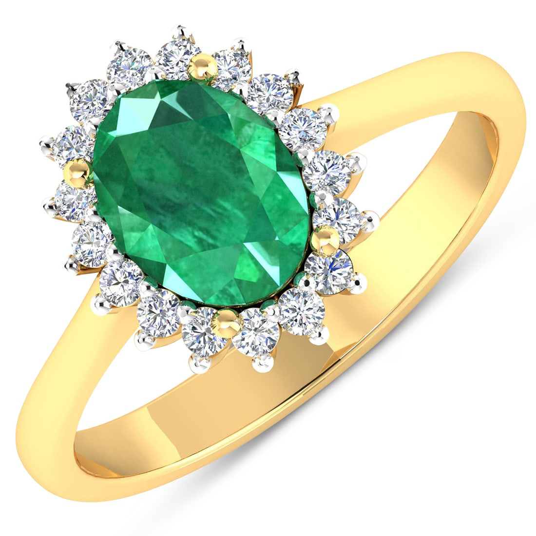 1.87 CTW Oval Zambian Emerald Modern Halo 14K Yellow Gold Ring - Certified: A testament to superior craftsmanship, this work of art is unparalleled. The gemstones are nestled within a Halo framework, supported by a substantial 2.156 gram 14K Yellow Gold body. Main Stone: 1.6