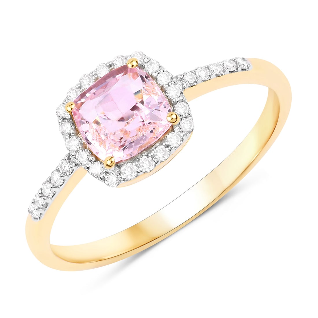 1.13 CTW Cushion Pink Sapphire Modern 14K Yellow Gold Ring - Certified: Exuding opulence and grace, this jewel is crafted for the distinguished. Expertly mounted in a Prong setting, the piece is crafted in 1.754 grams of solid 14K Yellow Gold. Main Stone: 0.97 CTW Cushio