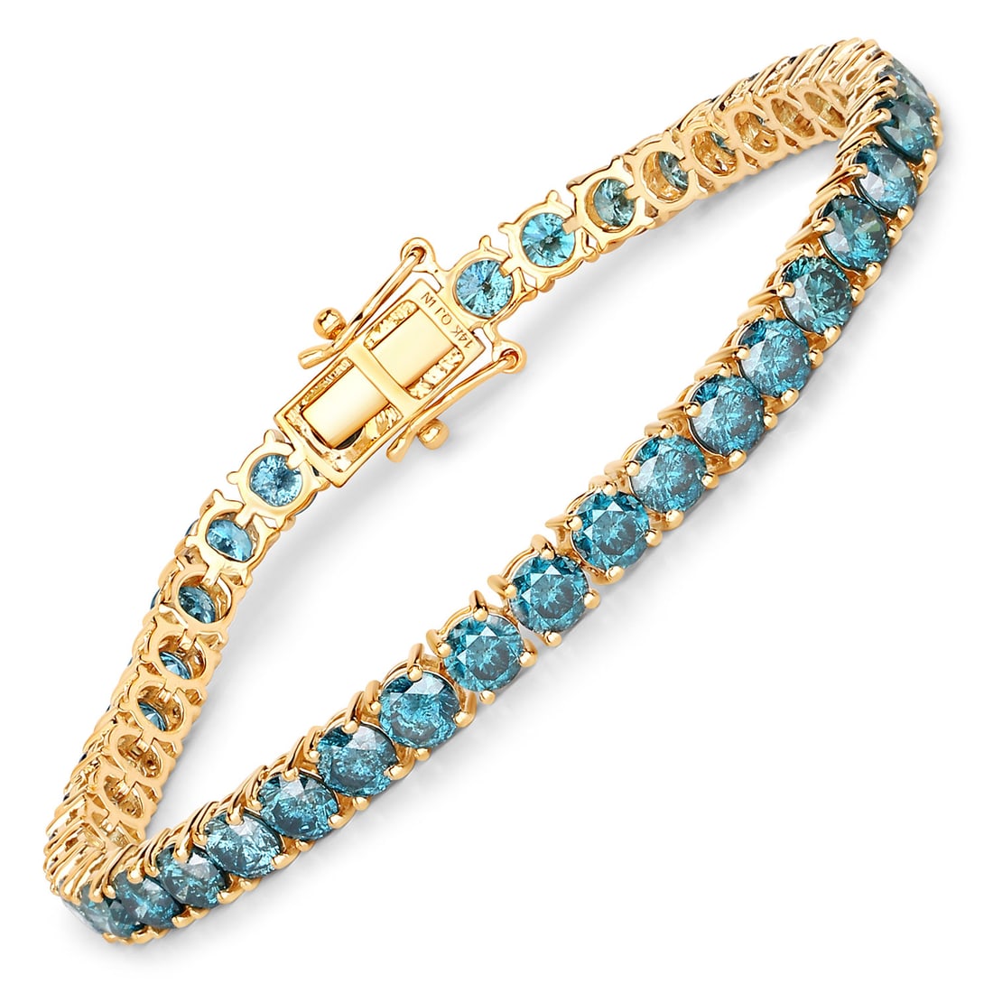 12.95 CTW Round Blue Diamond Modern Classic 14K Yellow Gold Bracelet - Certified: Captured in a moment of brilliance, this design speaks to the connoisseur. The gemstones are nestled within a Prong framework, supported by a substantial 10.86 gram 14K Yellow Gold body. Main Stone: