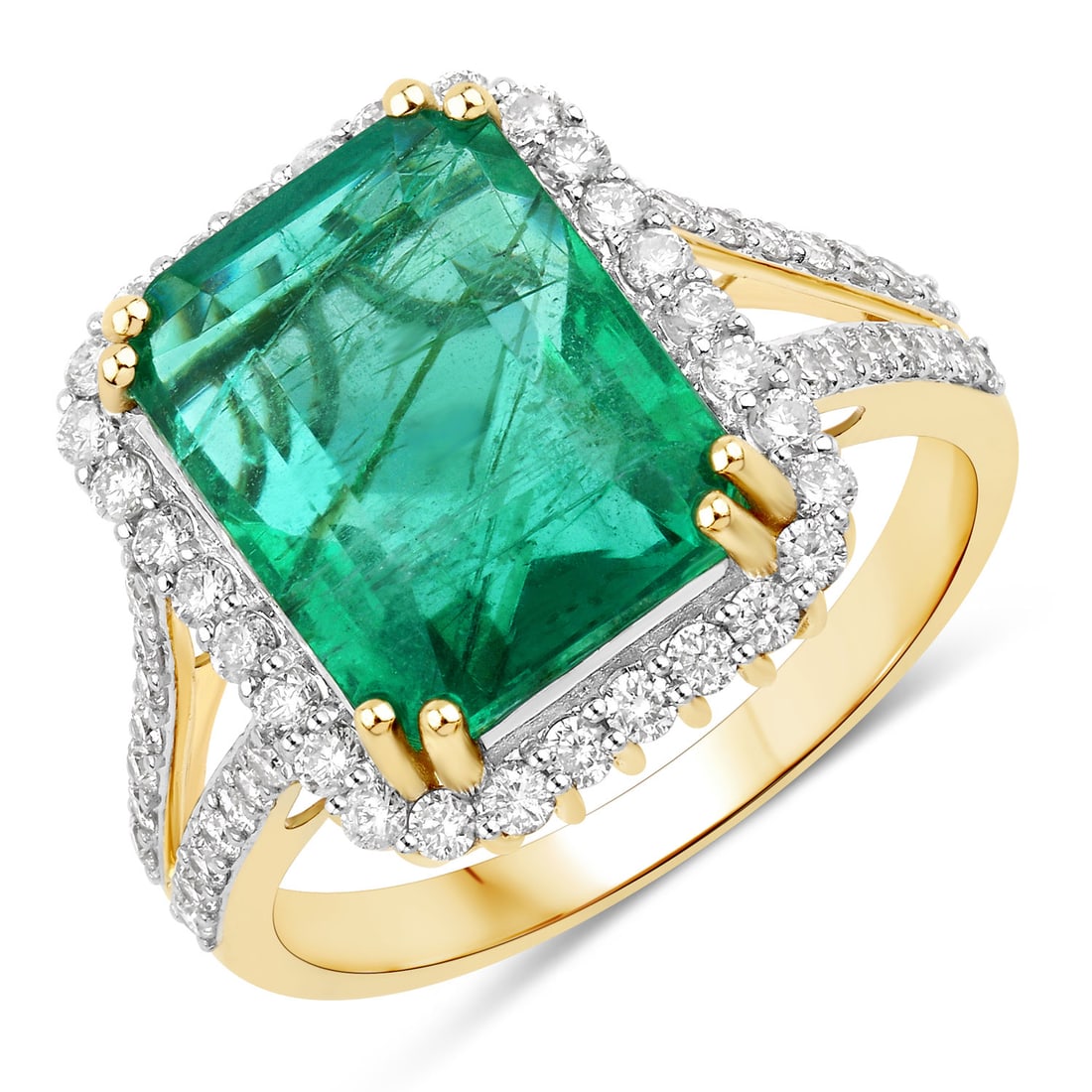 6.96 CTW Octagon Zambian Emerald Modern 14K Yellow Gold Ring - Certified: Timeless and sophisticated, this design radiates enduring beauty. Showcasing the gems in a Prong arrangement, the structure consists of 3.178 grams of 14K Yellow Gold. Main Stone: 6.26 CTW Octagon Za
