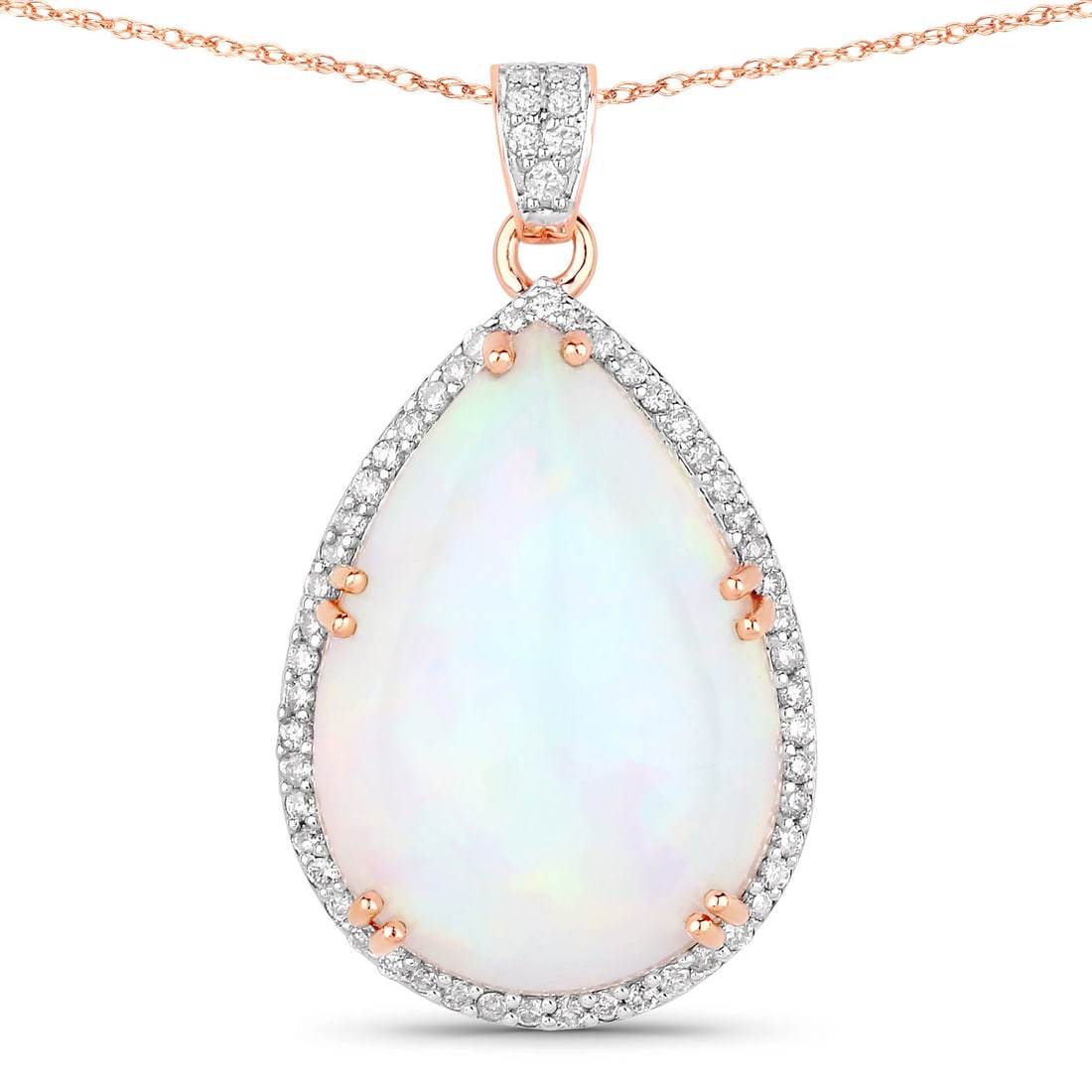 9.66 CTW Pear Ethiopian Opal Modern 14K Rose Gold Pendant - Certified: An exquisite masterpiece of haute joaillerie, this piece is a true treasure. Crafted with precision, the Halo setting is seamlessly integrated into 2.488 grams of 14K Rose Gold. Main Stone: 9.39 CTW