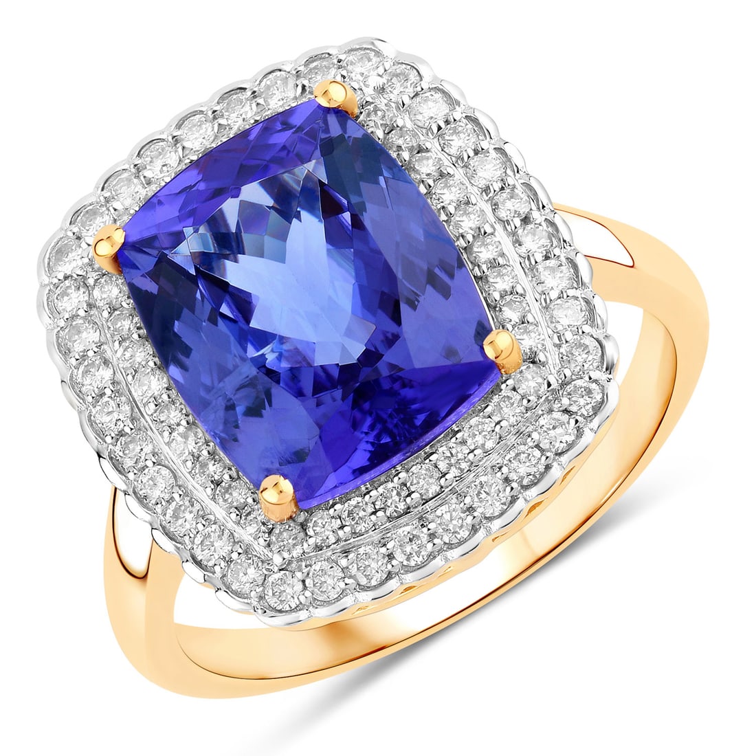4.84 CTW Cushion Tanzanite Modern 14K Yellow Gold Ring - Certified: An exquisite masterpiece of haute joaillerie, this piece is a true treasure. Crafted with precision, the Prong setting is seamlessly integrated into 4.012 grams of 14K Yellow Gold. Main Stone: 4.39 C