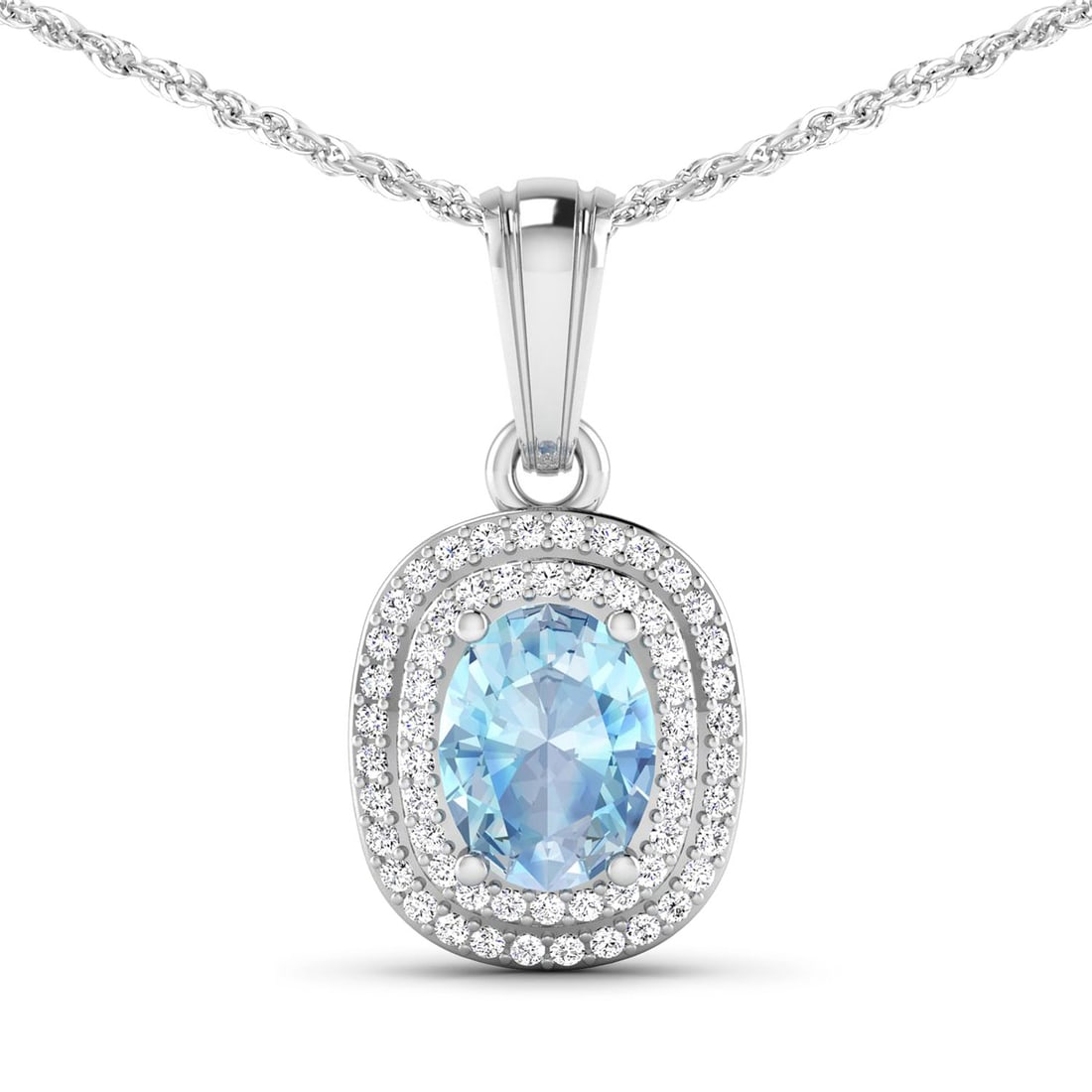 1.35 CTW Oval Aquamarine Modern 14K White Gold Pendant - Certified: Exuding opulence and grace, this jewel is crafted for the distinguished. Securely held in a classic prongs design, this item is forged from 2.5 grams of high-polish 14K White Gold. Main Stone: 1.05 C