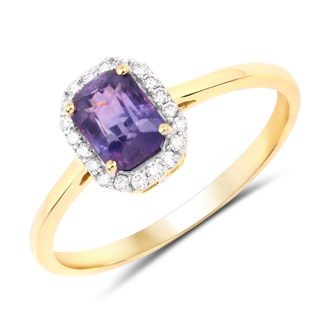 1.11 CTW Octagon Sapphire Modern 14K Yellow Gold Ring - Certified: Defining modern elegance, this creation captures the essence of style. Showcasing the gems in a Halo arrangement, the structure consists of 1.658 grams of 14K Yellow Gold. Main Stone: 1.01 CTW Octago