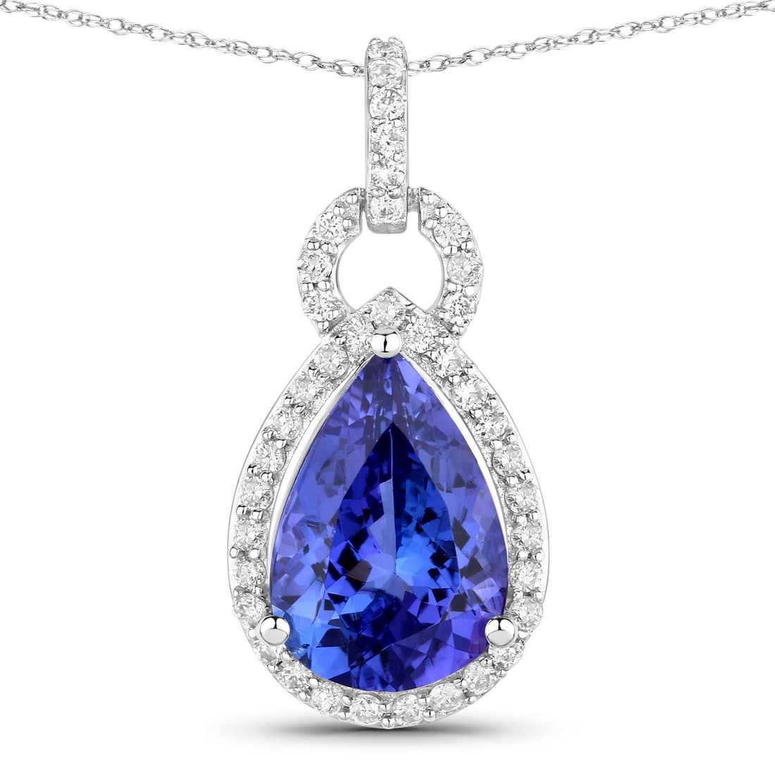 3.49 CTW Pear Tanzanite Modern 14K White Gold Pendant - Certified: Rare and radiant, this adornment offers a touch of the extraordinary. A detailed Prong gallery secures the stones, rendered in 1.658 grams of lustrous 14K White Gold. This piece showcases a Modern aes