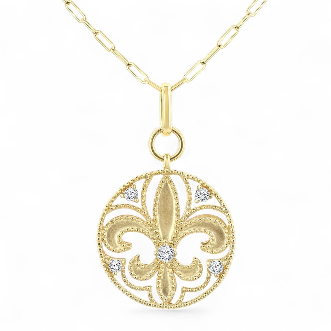 0.25 Ctw Fleur De Lis Fashion Medallion White Diamond Modern 14K Yellow Gold Pendant - Certified (1 of 3)