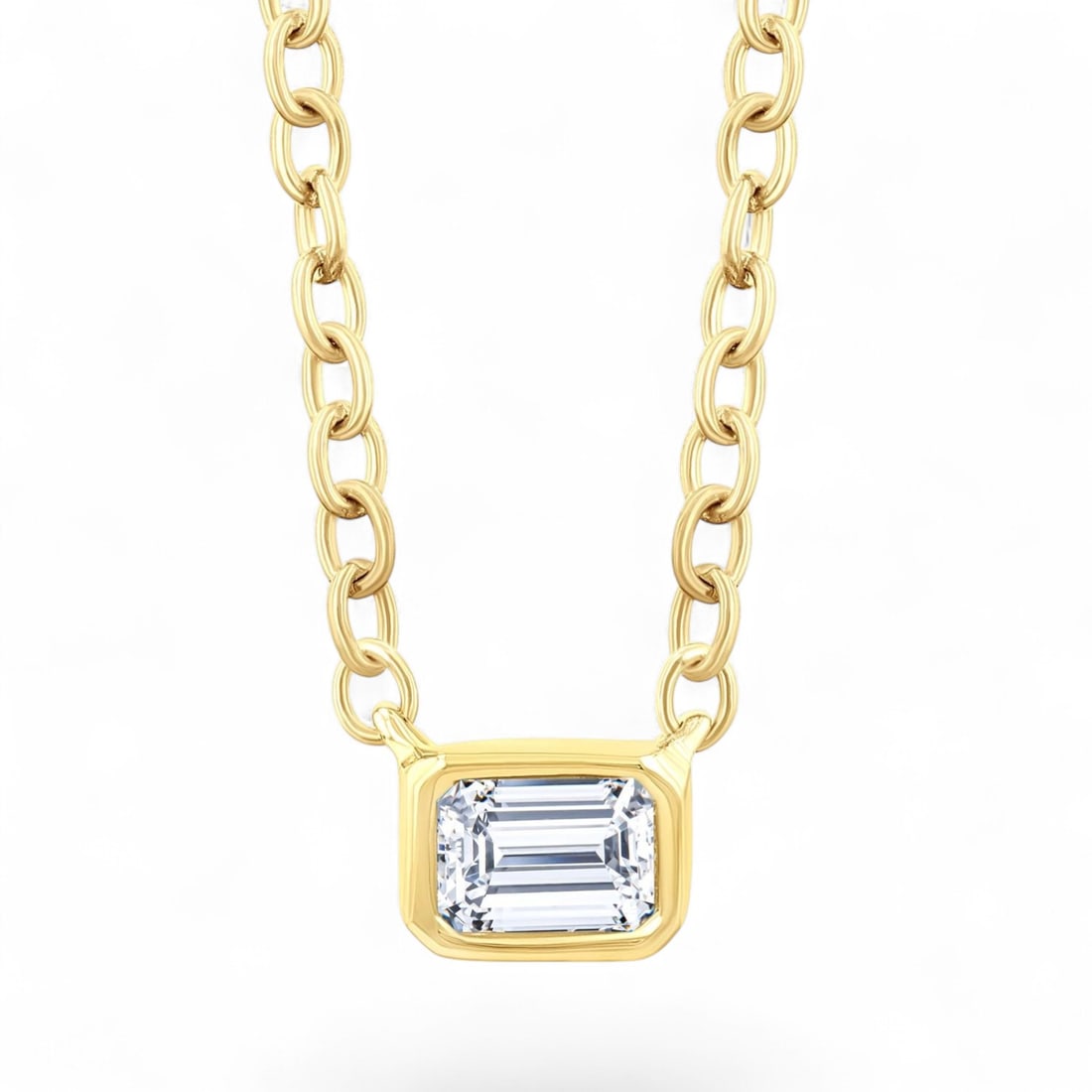 0.16 Ctw Petite East-West Bezel Set Emerald Cut White Diamond Modern 10K Yellow Gold Necklace -: An exquisite masterpiece of haute joaillerie, this stunning Petite East-West Bezel Set Emerald Cut Fashion Pendant necklace featuring Natural Diamonds is a true treasure. Showcasing the gems in a Beze
