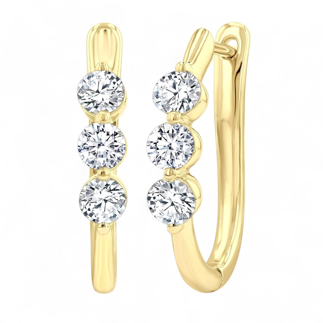 0.96 Ctw 3-Stone Hoop White Diamond Modern 14K Yellow Gold Earrings - Certified: A symphony of light and color, this stunning 3-Stone Hoop pair of earrings featuring Natural Diamonds embodies the pinnacle of luxury. The gemstones are nestled within a Three-Stone framework, support