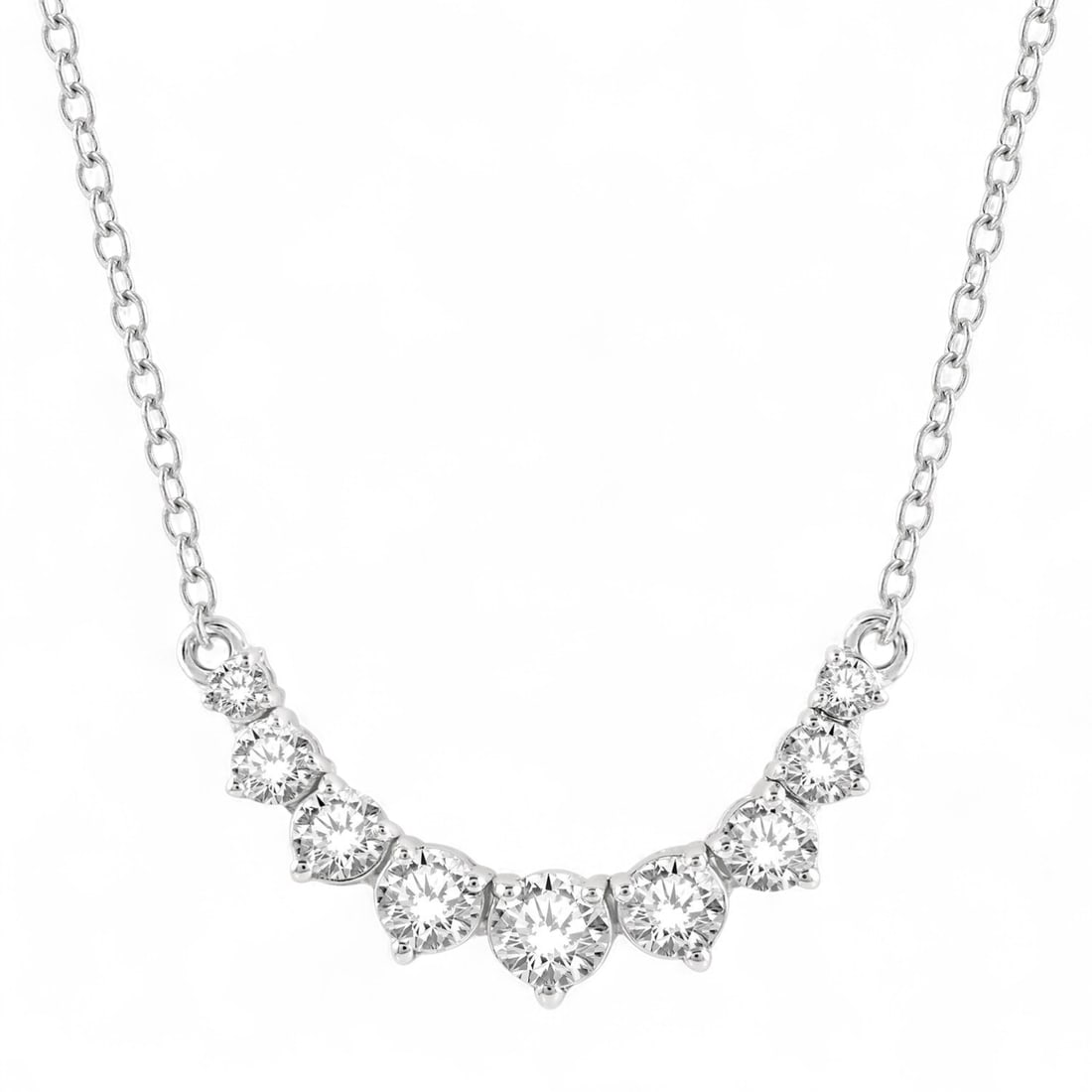 0.5 Ctw Graduated Smile White Diamond Modern 14K White Gold Necklace - Certified: A testament to superior craftsmanship, this stunning Graduated Smile necklace featuring Natural Diamonds is unparalleled. Showcasing the gems in a Graduated Bar arrangement, the necklace consists of 1