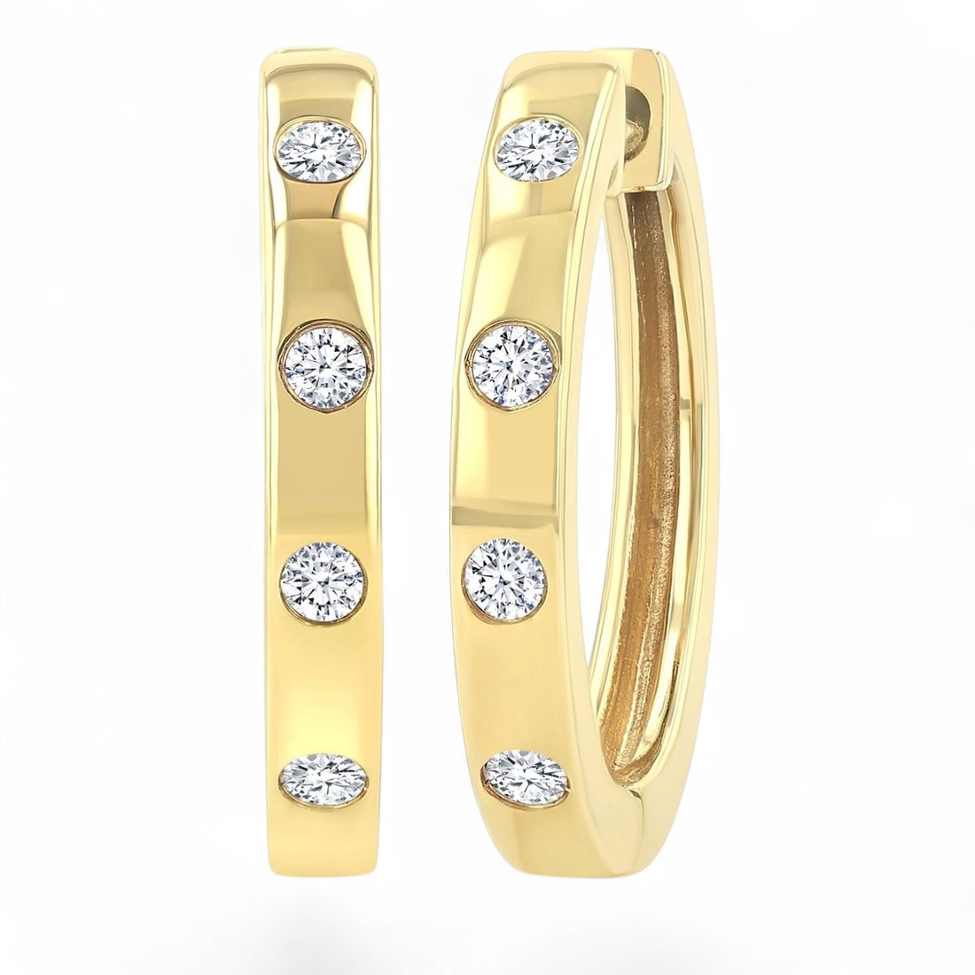 0.16 Ctw Fashion Hoop White Diamond Modern 10K Yellow Gold Earrings - Certified: Rare and radiant, this stunning Flush Bezel Set Diamond Fashion Hoop pair of earrings featuring Natural Diamonds offers a touch of the extraordinary. Crafted with precision, the Flush setting is seaml