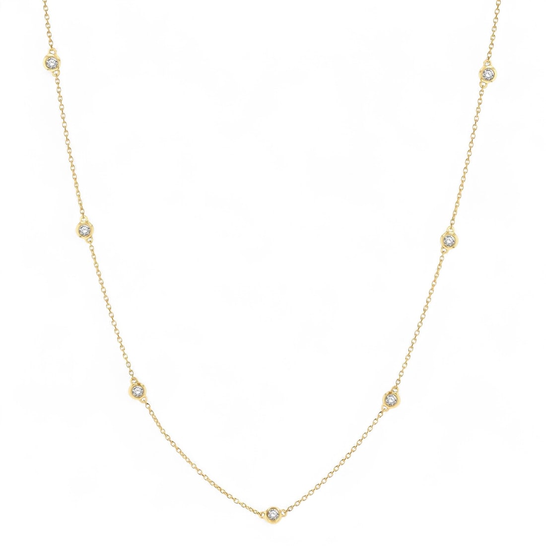 0.34 Ctw Station White Diamond Modern 14K Yellow Gold Necklace - Certified: A vision of luxury, this elegant Station necklace featuring Natural Diamonds defines sophistication. Expertly mounted in a Bezel setting, the necklace is crafted in 1.95 grams of solid 14K Yellow Gold