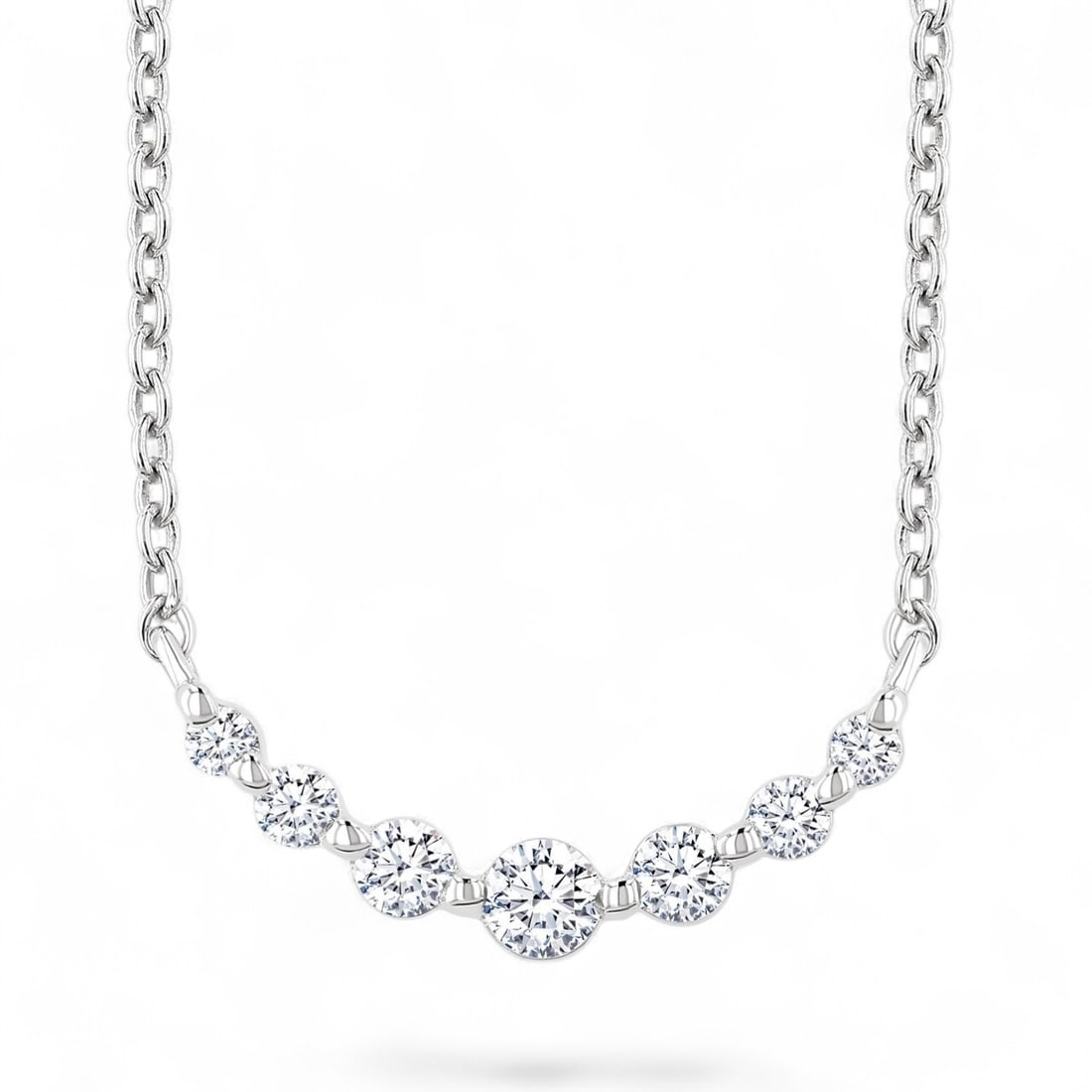 0.12 Ctw Petite Smile Graduated Round Cut White Diamond Modern Sterling Silver Necklace - Certified: Timeless and sophisticated, this elegant smile-shaped necklace featuring Natural Diamonds radiates enduring beauty. The gemstones are nestled within a Prong framework, supported by a substantial 0.3 g