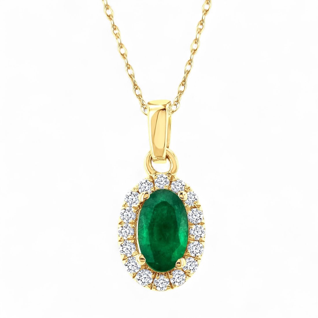0.05 Ctw Halo White Diamond Modern 10K Yellow Gold Pendant - Certified: A testament to superior craftsmanship, this elegant Halo pendant featuring Natural Diamonds and Emeralds is unparalleled. Showcasing the gems in a Halo arrangement, the pendant consists of 0.35 grams