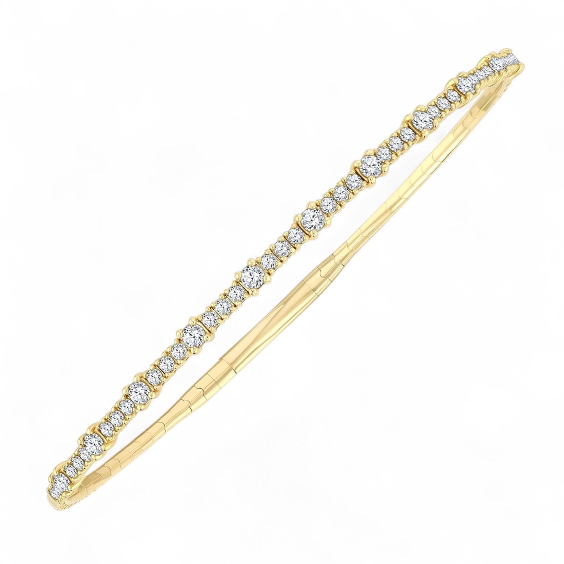 1.01 Ctw Halfway Prong Set Round Cut Flex White Diamond Modern 14K Yellow Gold Bangle - Certified: Exuding opulence and grace, this magnificent Halfway Prong Set Round Cut Diamond Flex bangle featuring Natural Diamonds is crafted for the distinguished. A detailed Bangle gallery secures the stones,