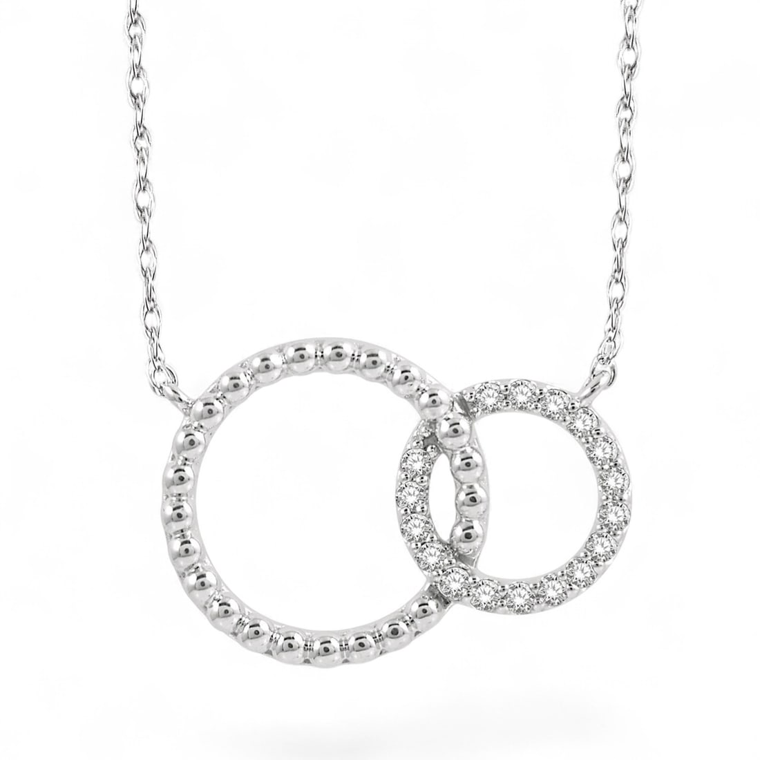 0.09 Ctw Interlocking Twin Circles White Diamond Modern 10K White Gold Necklace - Certified: Defining modern elegance, this elegant Interlocking Twin Circles necklace featuring Natural Diamonds captures the essence of style. Expertly mounted in an Interlocking setting, the necklace is crafted
