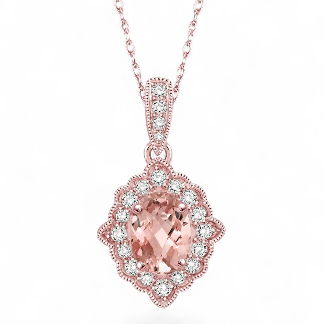 0.15 Ctw Ethnic Halo White Diamond Modern 10K Rose Gold Pendant - Certified: An exquisite masterpiece of haute joaillerie, this magnificent Ethnic Halo pendant featuring Morganites and Natural Diamonds is a true treasure. A detailed Halo gallery secures the stones, rendered in