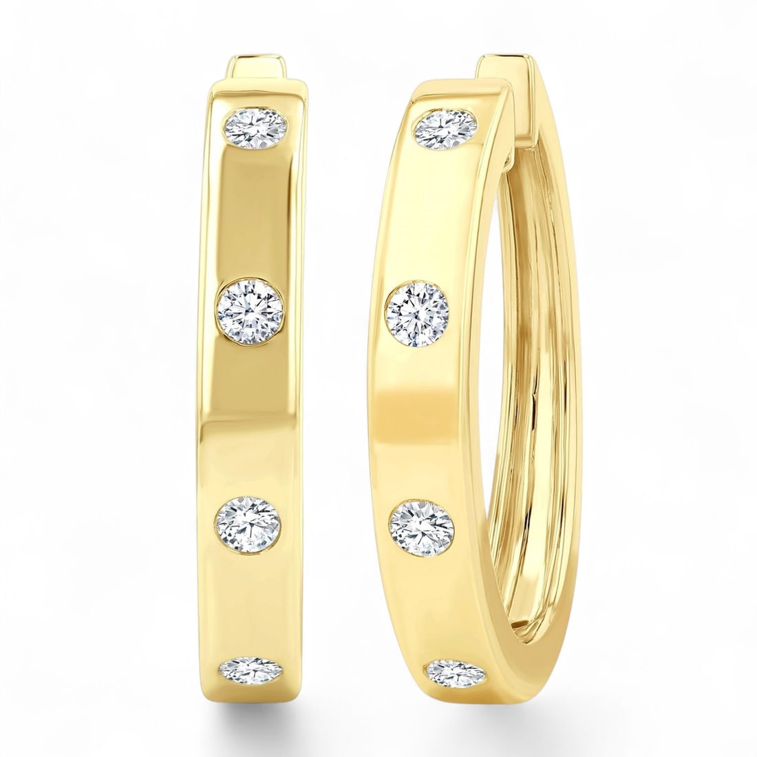 0.32 Ctw Flush Bezel Set Hoop White Diamond Modern 14K Yellow Gold Earrings - Certified (1 of 3)