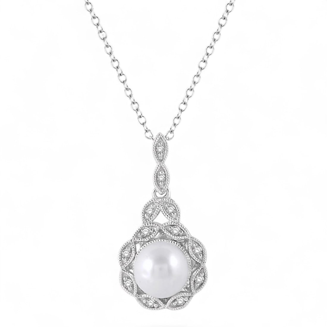 6.5 MM Cultured Pearl and 0.05 Ctw White Diamond Modern Sterling Silver Pendant - Certified: Rare and radiant, this stunning Cultured Pearl pendant featuring Cultured Pearls and Natural Diamonds offers a touch of the extraordinary. Crafted with precision, the Cluster setting is seamlessly int