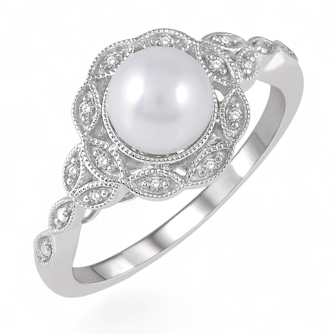 0.05 Ctw Cultured Pearl Round White Diamond Edwardian Sterling Silver Ring - Certified (1 of 3)