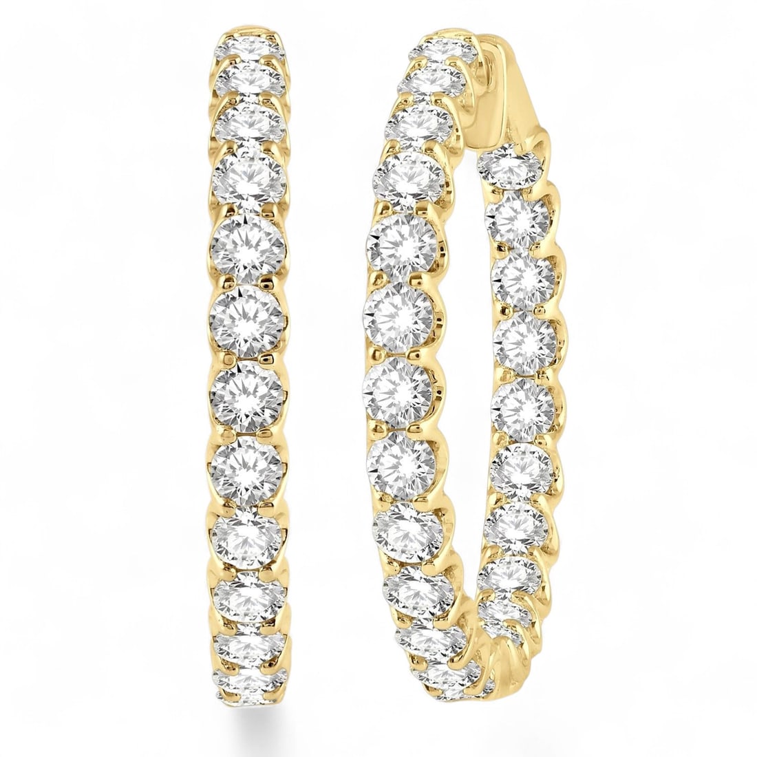 7.02 Ctw Inside-Out Round Cut Hoop White Diamond Modern 14K Yellow Gold Earrings - Certified: Timeless and sophisticated, this stunning Inside-Out Round Cut Hoop pair of earrings featuring Natural Diamonds radiates enduring beauty. Securely held in a classic Prong design, the earrings are forg