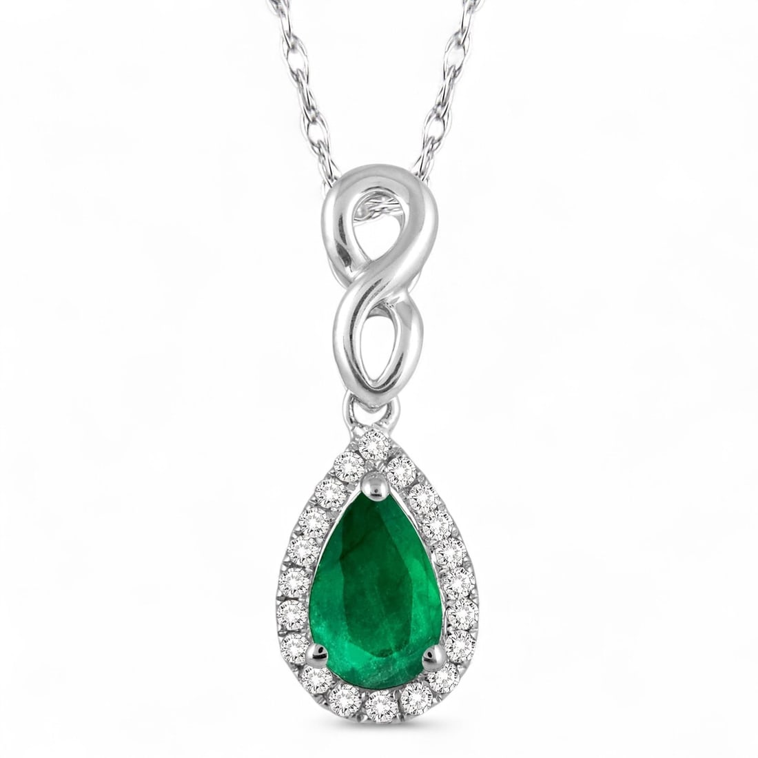 6x4 MM Emerald and 0.09 Ctw Halo Pendant White Diamond Modern 10K White Gold Necklace - Certified: Captured in a moment of brilliance, this stunning Halo Pear Shape Emerald necklace featuring Emeralds, Natural Diamonds speaks to the connoisseur. Securely held in a classic Halo design, the necklace