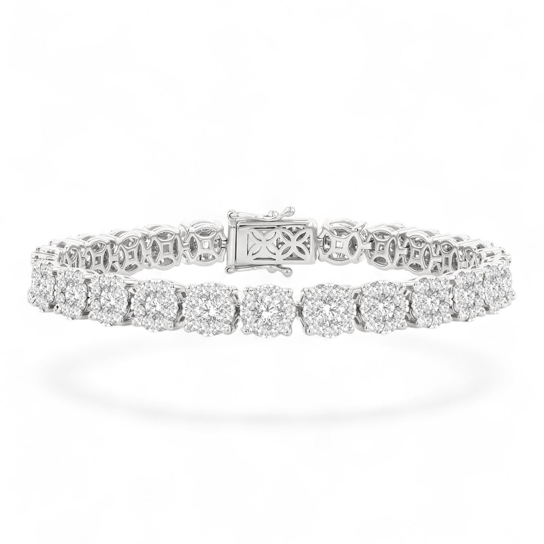 7.07 Ctw Cluster Tennis Round White Diamond Modern 14K White Gold Bracelet - Certified: An exquisite masterpiece of haute joaillerie, this magnificent Cluster Tennis bracelet featuring Natural Diamonds is a true treasure. A detailed Cluster gallery secures the stones, rendered in 15.4 gr