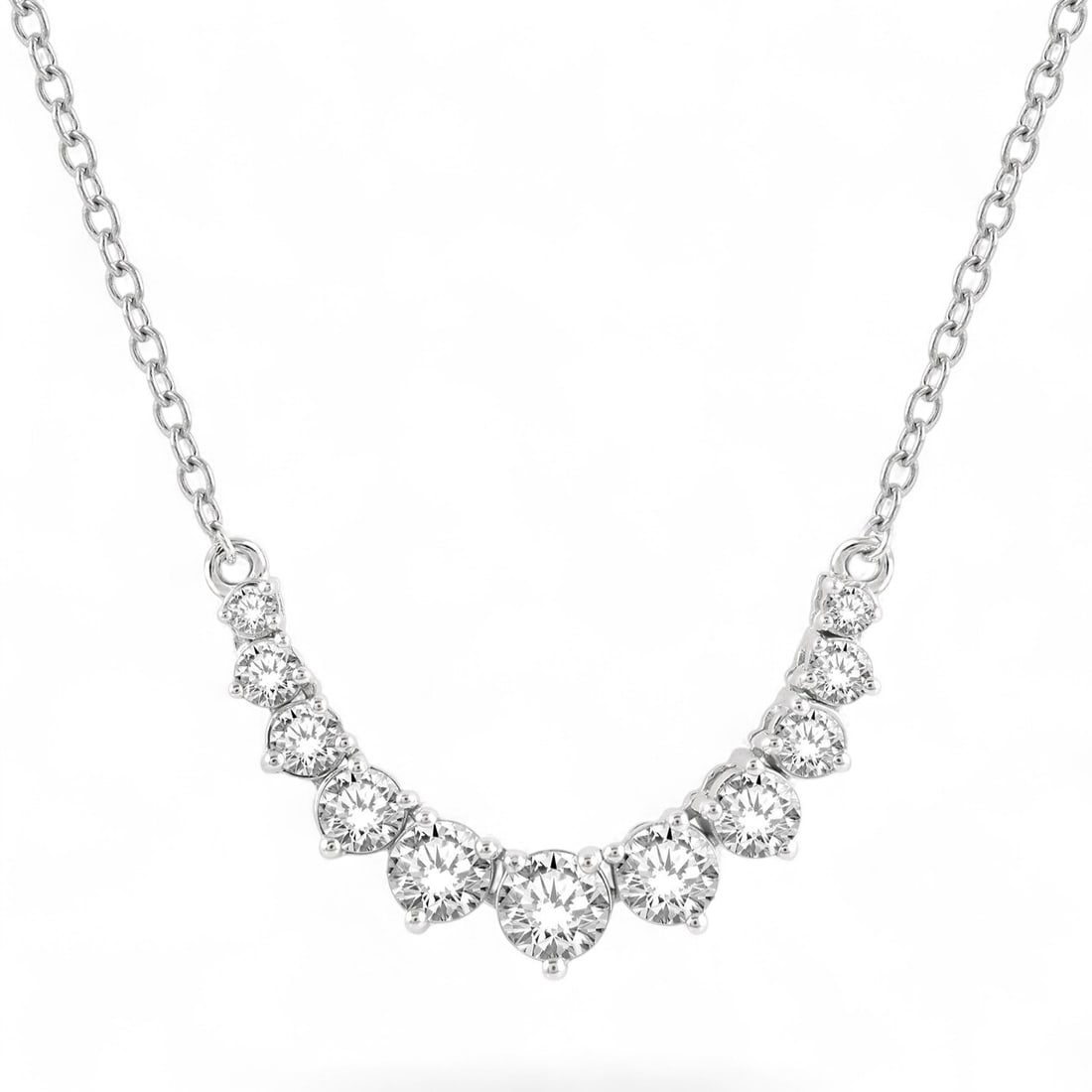 0.75 Ctw Graduated Diamond Smile Modern 14K White Gold Necklace - Certified: An exquisite masterpiece of haute joaillerie, this magnificent Graduated Diamond Smile necklace featuring Natural Diamonds is a true treasure. Showcasing the gems in a Graduated Bar arrangement, the n