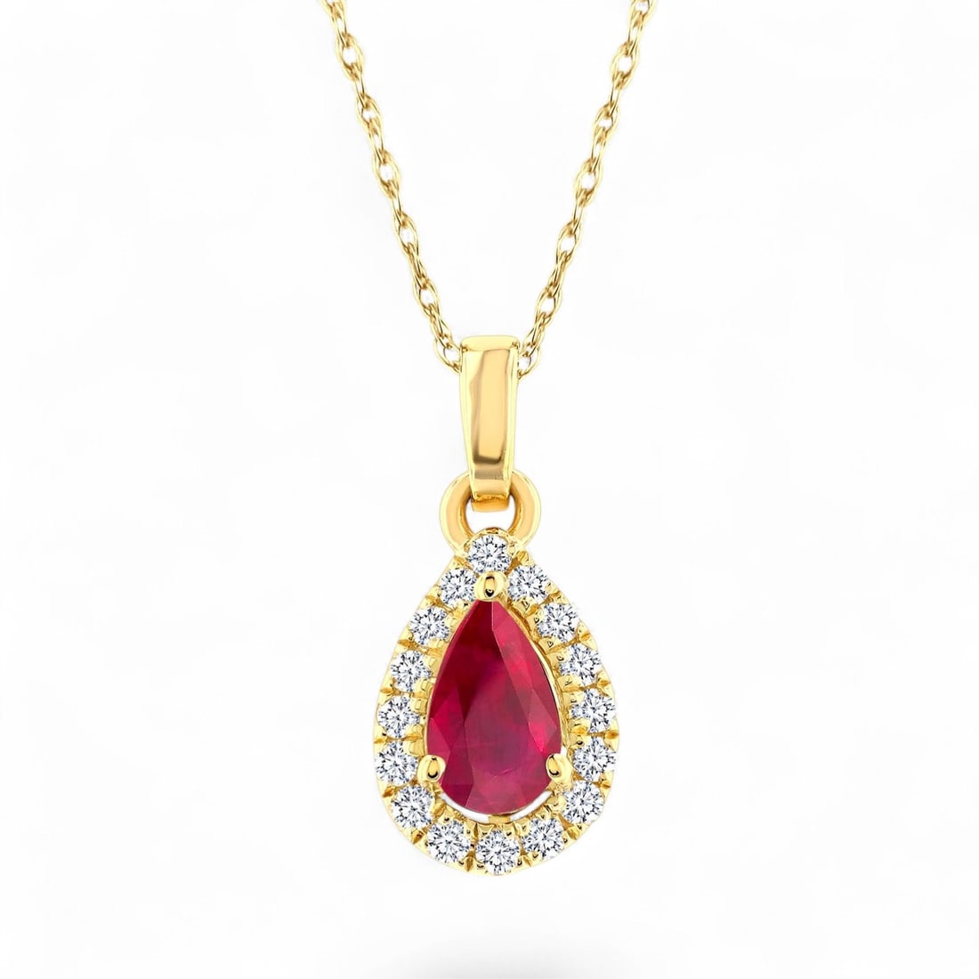 5x3 MM Ruby and 0.07 Ctw Halo White Diamond Modern 10K Yellow Gold Pendant - Certified: Captured in a moment of brilliance, this stunning Halo Precious pendant featuring Natural Diamonds and Rubies speaks to the connoisseur. Expertly mounted in a Halo setting, the pendant is crafted in 0