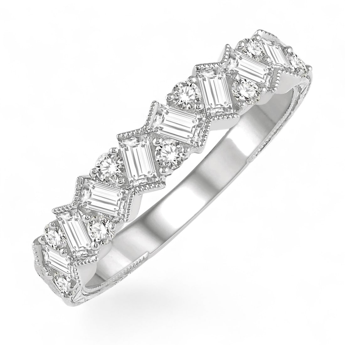 0.67 Ctw Zigzag Baguette Round Cut White Diamond Modern 14K White Gold Ring - Certified: A symphony of light and color, this stunning Zigzag Baguette and Round Cut ring featuring Natural Diamonds embodies the pinnacle of luxury. Securely held in a classic Band design, the ring is forged f