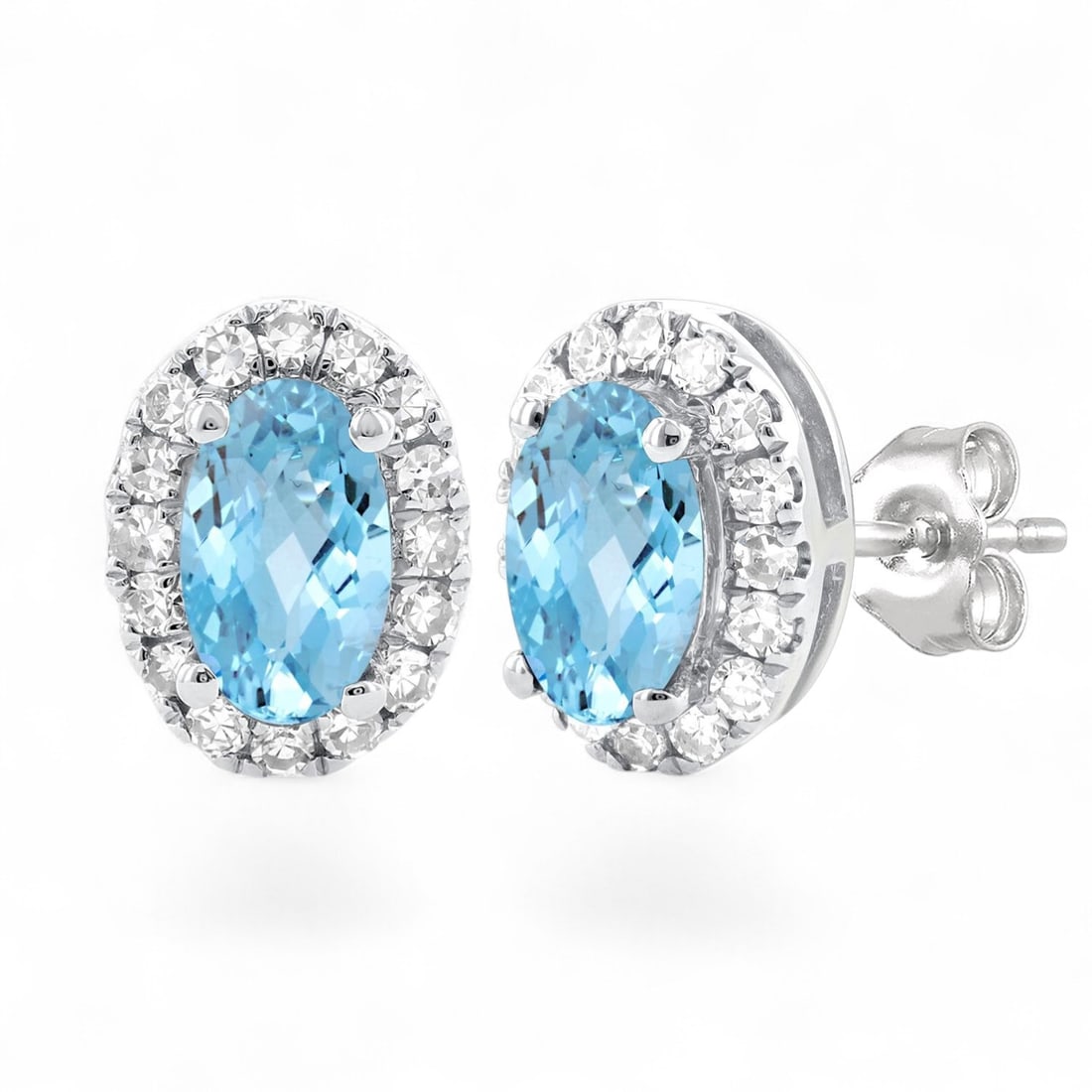 5x3 MM Aquamarine and 0.14 Ctw Halo Stud White Diamond Modern 14K White Gold Earrings - Certified: Captured in a moment of brilliance, this stunning Halo Stud pair of earrings featuring Natural Diamonds and Aquamarines speaks to the connoisseur. The gemstones are nestled within a Halo framework, su