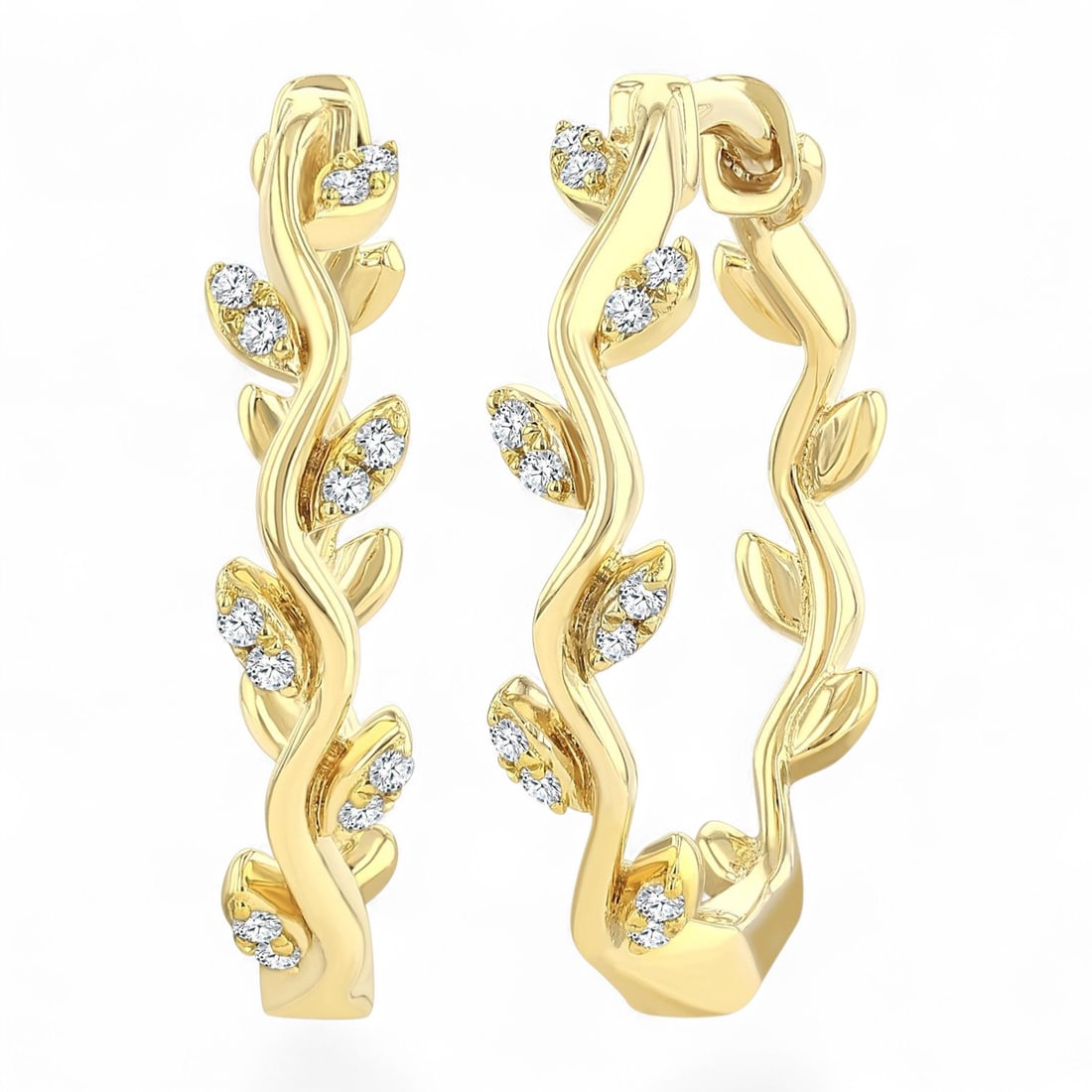 0.1 Ctw Leaf Design Hoop Diamond Modern 10K Yellow Gold Earrings - Certified (1 of 3)