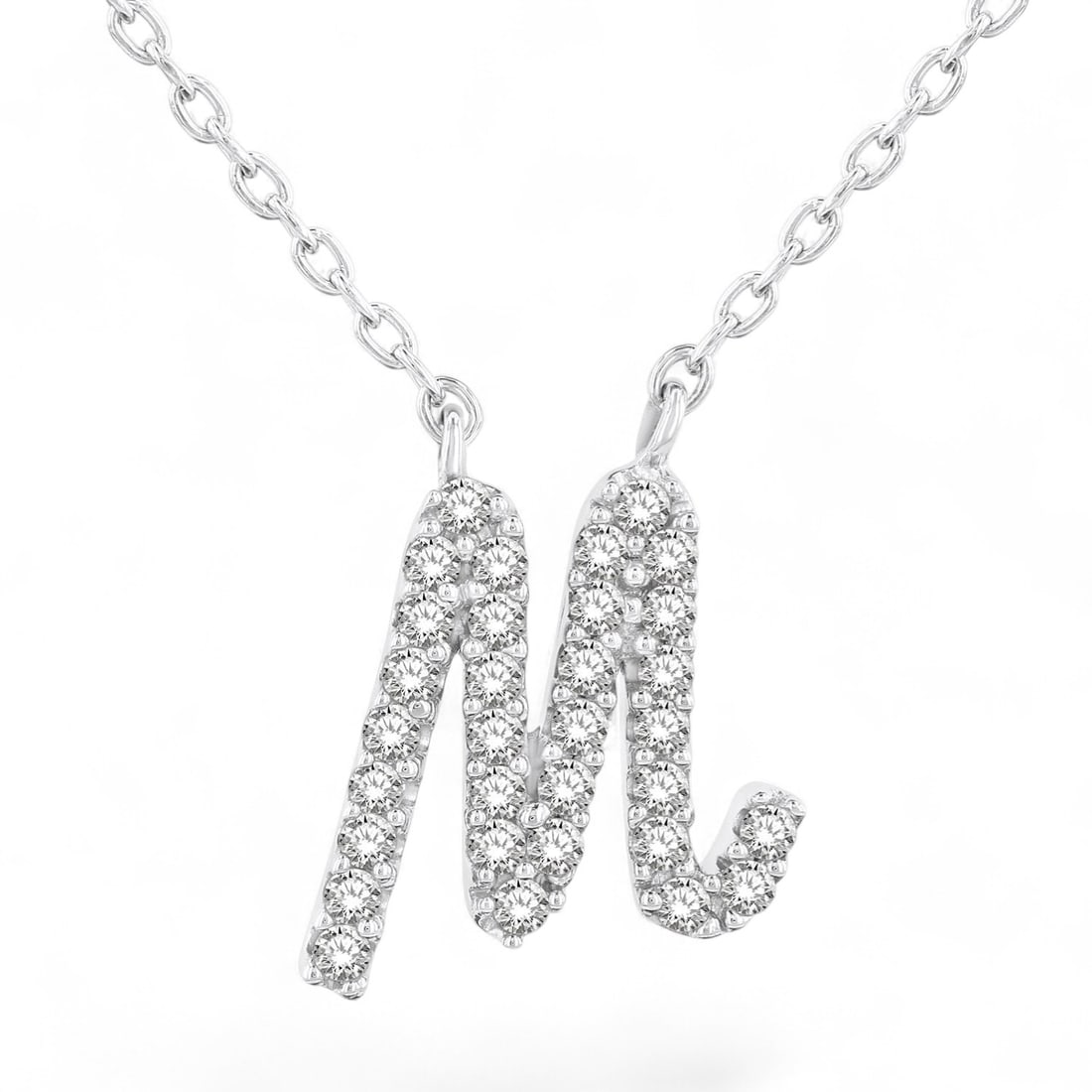 0.1 Ctw Initial M Calligraphy White Diamond Modern 10K White Gold Necklace - Certified (1 of 2)