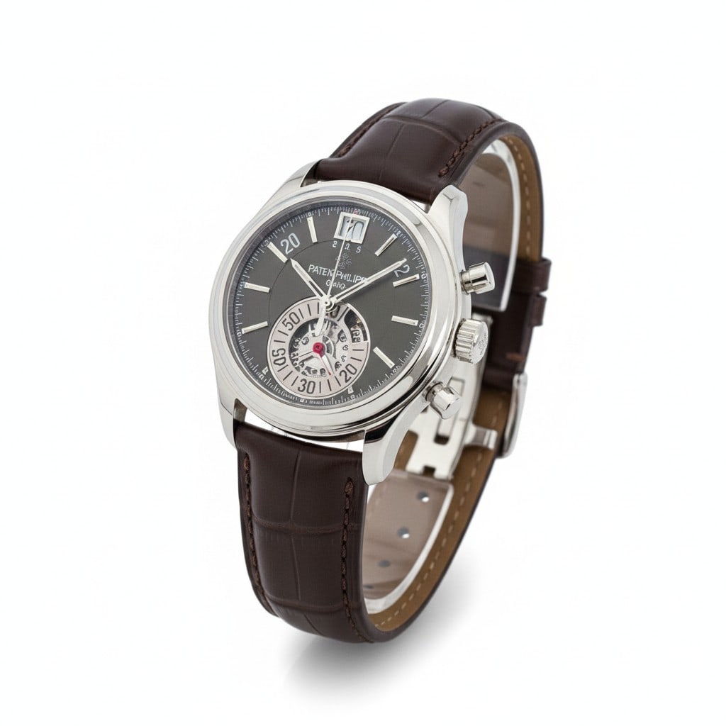 Patek Philippe 5960P Platinum Annual Calendar Chronograph: This exceptional Patek Philippe, Reference 5960P is presented in its rarest and most sought-after configuration. This 'Museum Grade' set includes the original brown cardboard shipping box and the inne