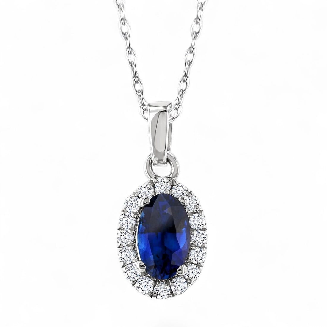 5x3 MM Oval Blue Sapphire and 0.07 Ctw Halo White Diamond Modern 14K White Gold Pendant - Certified (1 of 2)