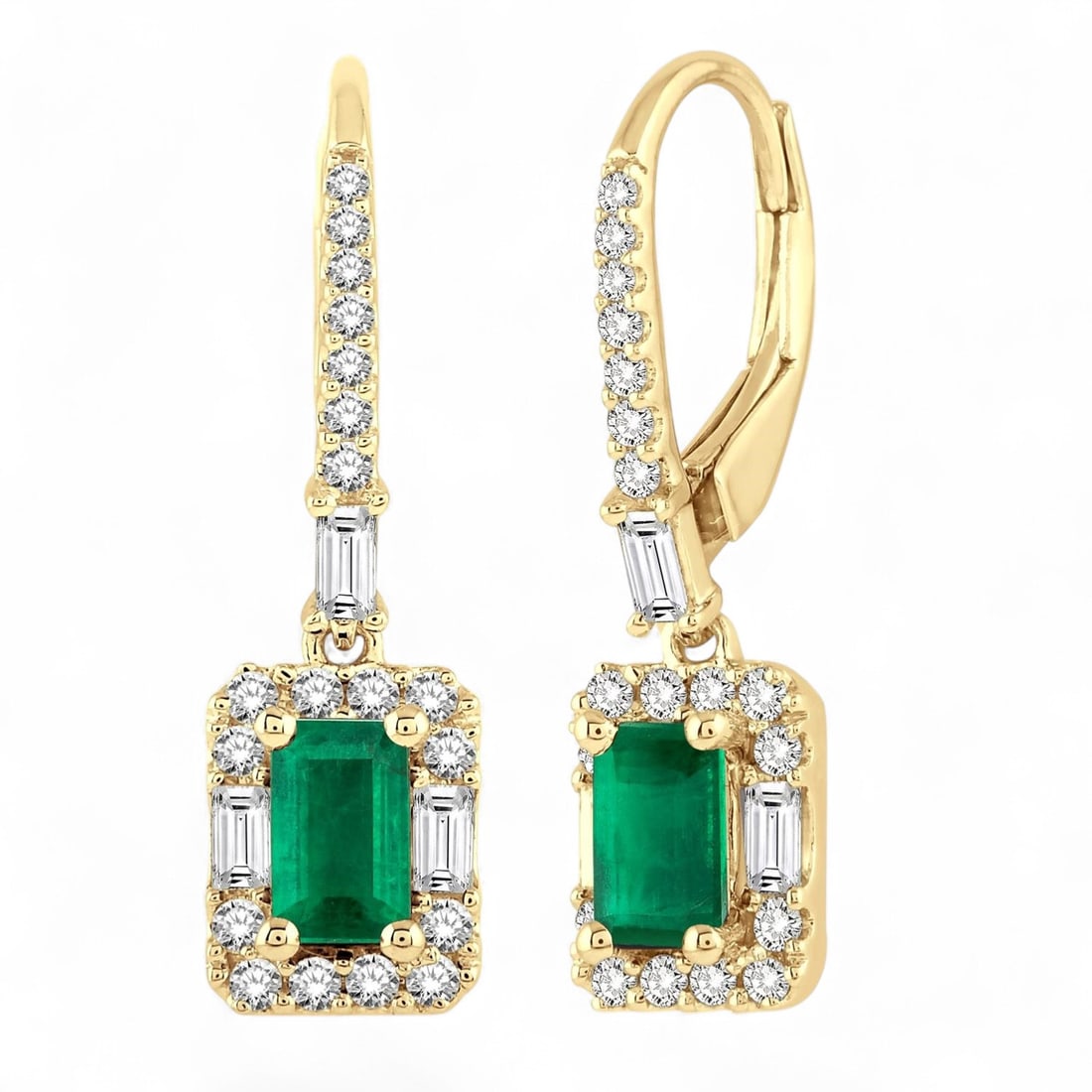 5x3 MM Octagon Emerald and 0.52 Ctw Octagon Emerald Diamond Modern 14K Yellow Gold Earrings -: Rare and radiant, this stunning Square Frame pair of earrings featuring Emeralds and Natural Diamonds offers a touch of the extraordinary. Showcasing the gems in a Drop arrangement, the earrings consi