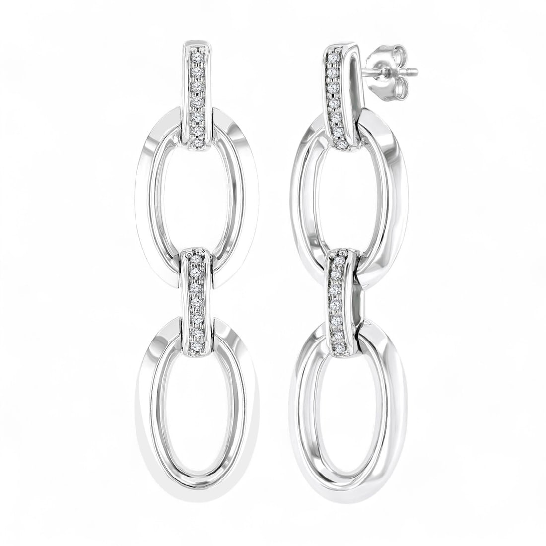0.08 Ctw Oval D-Link Fashion White Diamond Modern Sterling Silver Earrings - Certified: Timeless and sophisticated, this stunning Oval Shape D-Link Fashion pair of earrings featuring Natural Diamonds radiates enduring beauty. Expertly mounted in a Pave setting, the earrings are crafted i