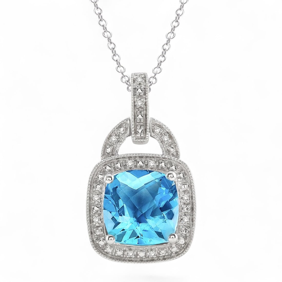 10x10 MM Blue Topaz and 0.05 Ctw Cushion Halo White Diamond Modern Sterling Silver Pendant -: Rare and radiant, this stunning Cushion Halo pendant featuring Natural Diamonds, and Blue Topaz offers a touch of the extraordinary. Crafted with precision, the Halo setting is seamlessly integrated i