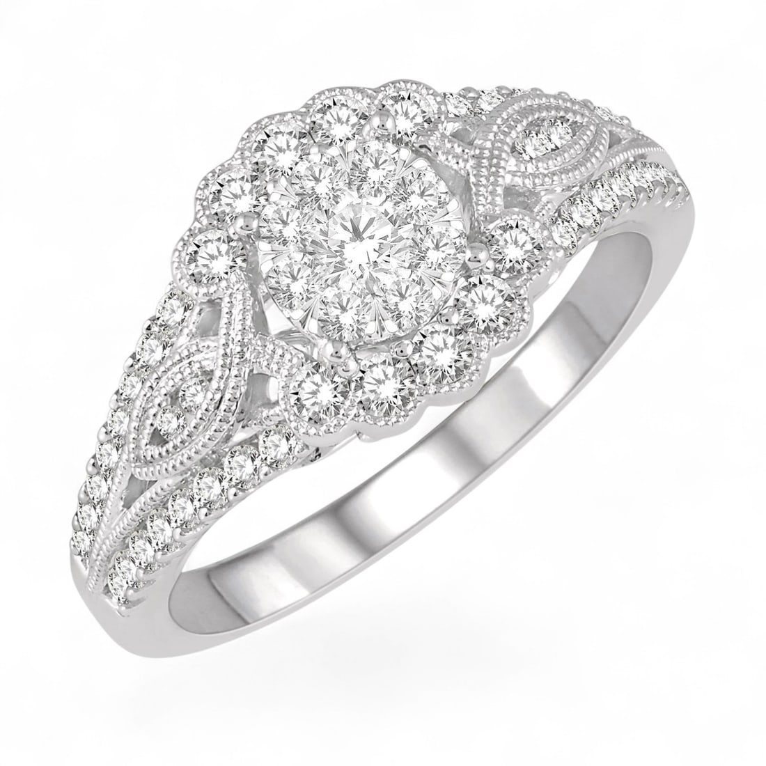 0.75 Ctw Cluster Halo Diamond Modern 14K White Gold Ring - Certified: Captured in a moment of brilliance, this magnificent Cluster Engagement ring featuring Natural Diamonds speaks to the connoisseur. Expertly mounted in a Halo setting, the ring is crafted in 4.15 grams