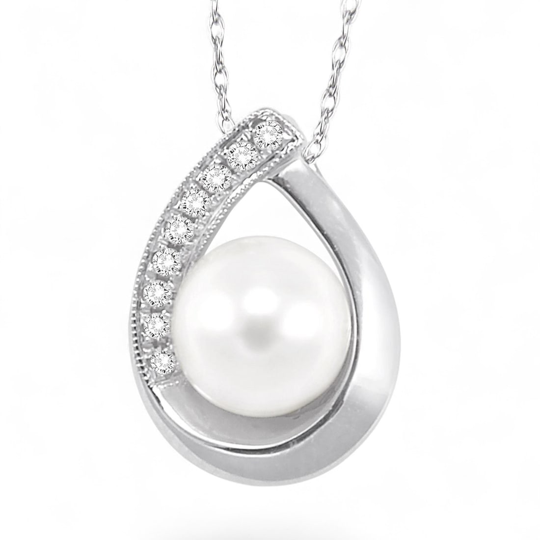 6.5 MM Cultured Pearl and 0.05 Ctw Milgrain White Diamond Modern 10K White Gold Pendant - Certified: Exuding opulence and grace, this elegant milgrain finished pendant featuring Natural Diamonds and Pearls is crafted for the distinguished. Crafted with precision, the Bezel setting is seamlessly integ