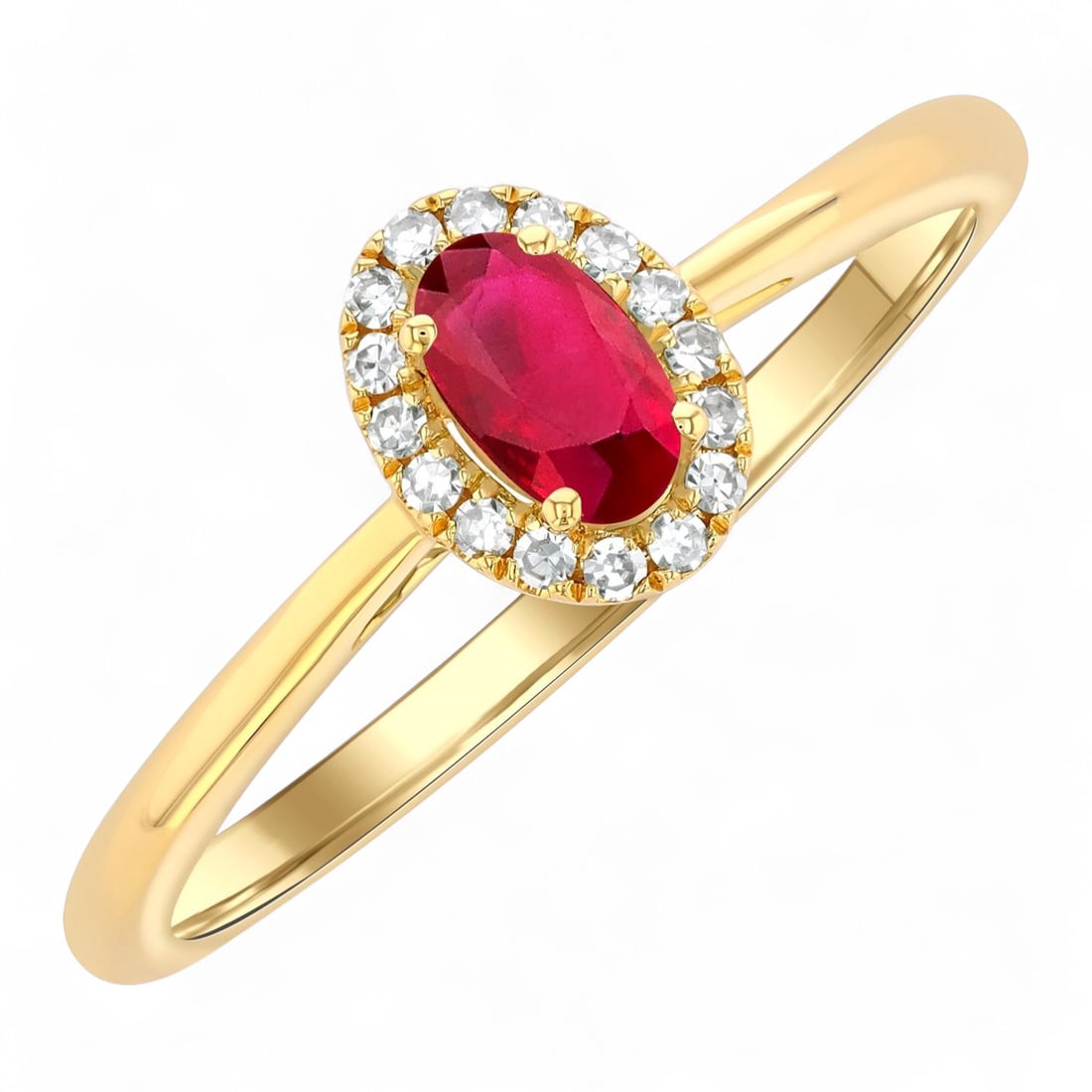 5x3 MM Oval Ruby and 0.07 Ctw Halo White Diamond Modern 10K Yellow Gold Ring - Certified (1 of 3)