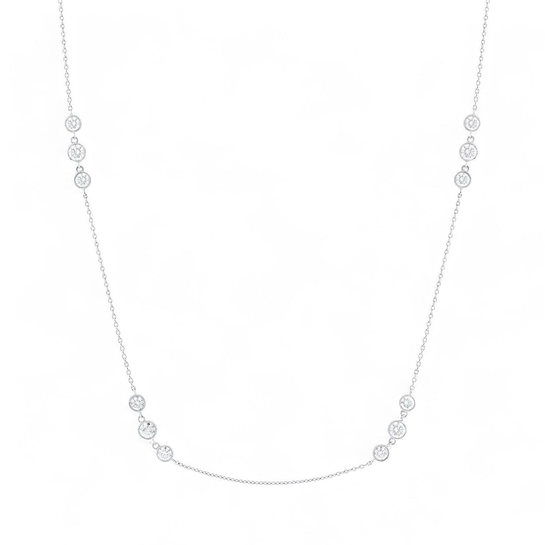 1.5 Ctw Three Stone Bezel Set Round Station White Diamond Modern 14K White Gold Necklace - Certified (1 of 3)