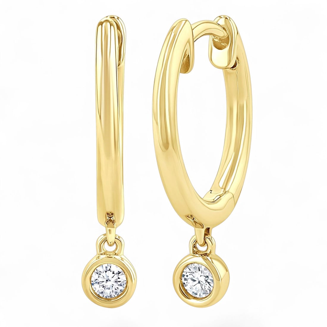 0.1 Ctw Petite Bezel Drop Huggies White Diamond Modern 10K Yellow Gold Earrings - Certified: A vision of luxury, this stunning Petite Bezel Drop Huggies pair of earrings featuring Natural Diamonds defines sophistication. The gemstones are nestled within a Bezel framework, supported by a subst