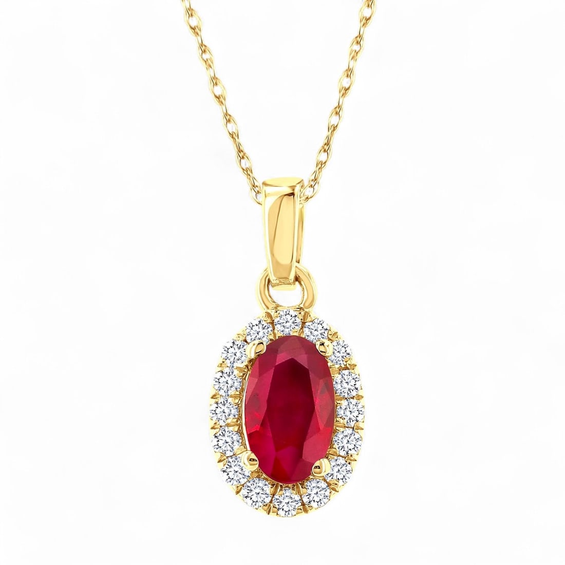 5x3 MM Ruby and 0.07 Ctw Oval Halo White Diamond Modern 10K Yellow Gold Pendant - Certified (1 of 3)