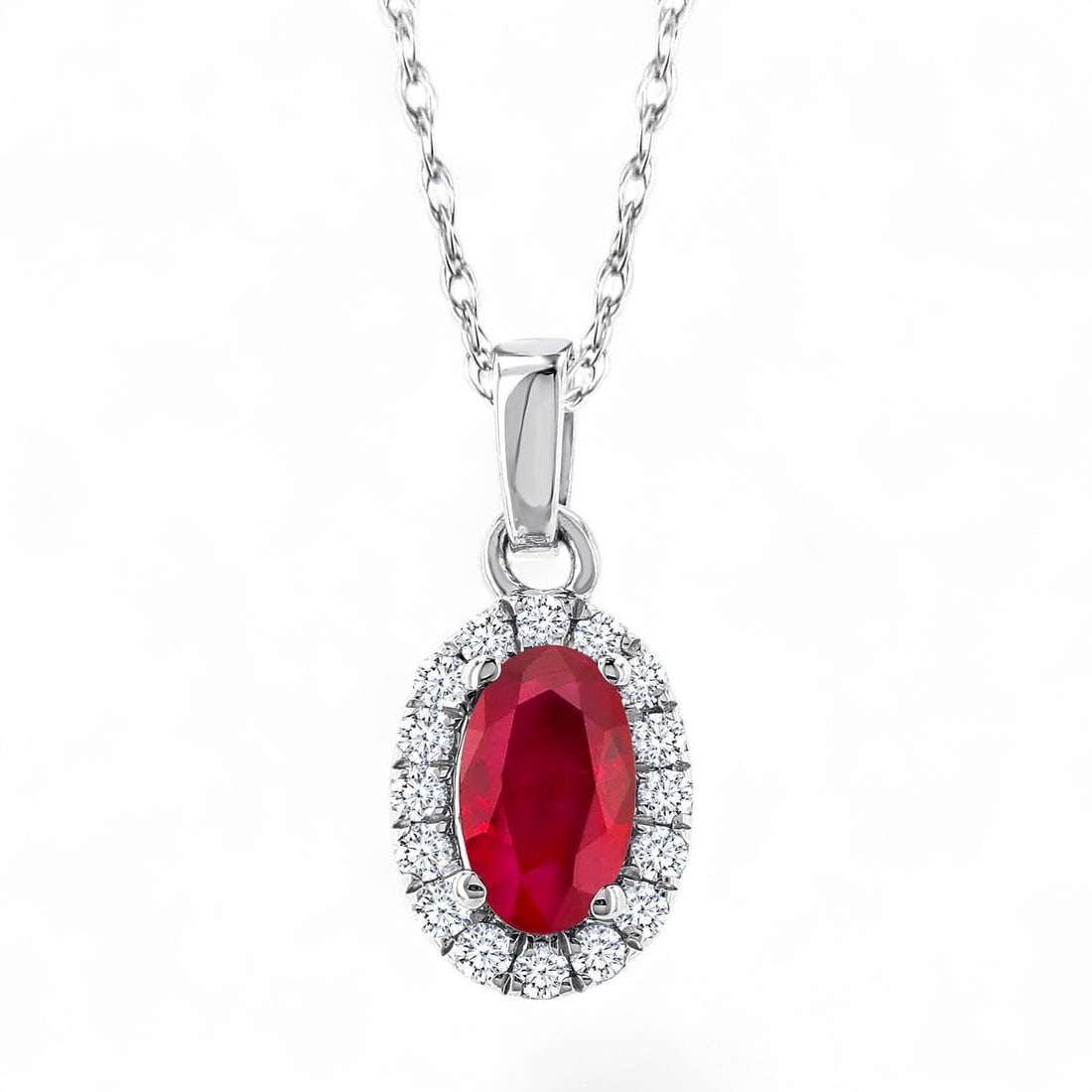 5x3 MM Ruby and 0.07 Ctw Halo Diamond Modern 14K White Gold Pendant - Certified (1 of 2)