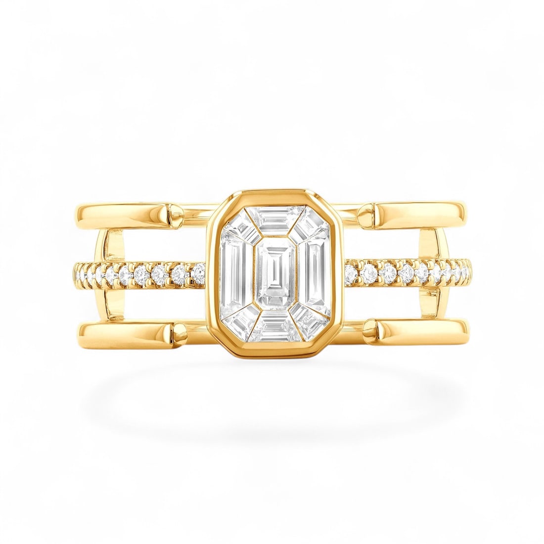 0.65 Ctw Pie-Cut Layered White Diamond Modern 18K Yellow Gold Ring - Certified: A symphony of light and color, this magnificent Pie-Cut Layered ring featuring Natural Diamonds embodies the pinnacle of luxury. The gemstones are nestled within a Multi-Band framework, supported by a